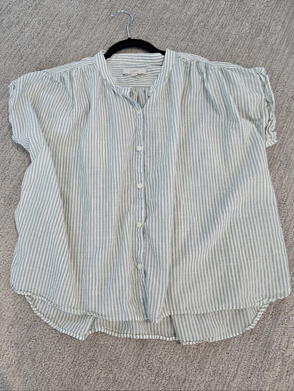 LOFT Green White Stripe Button-Up Shirt 100% Cotton Relaxed Fit Summer Top
